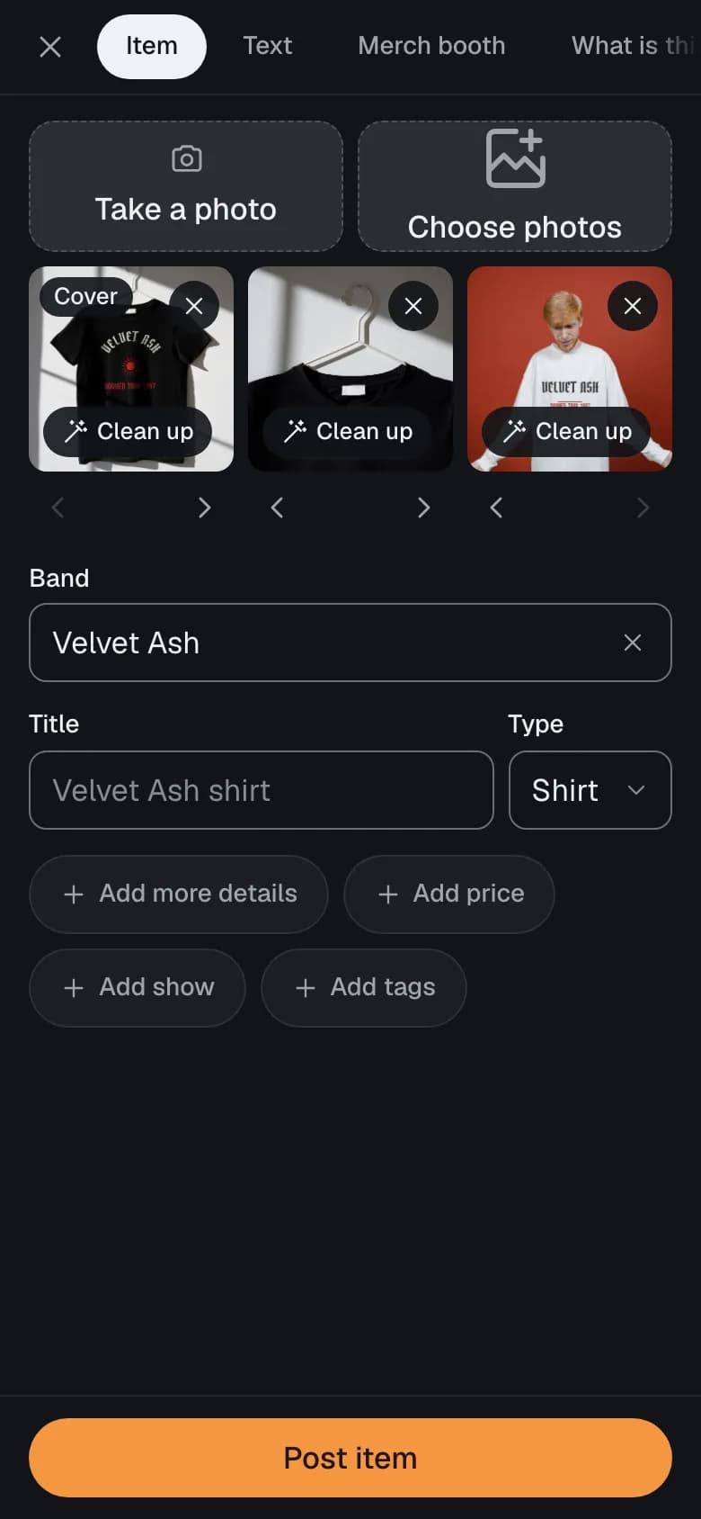 The composer in the app with a photo of a shirt already taken