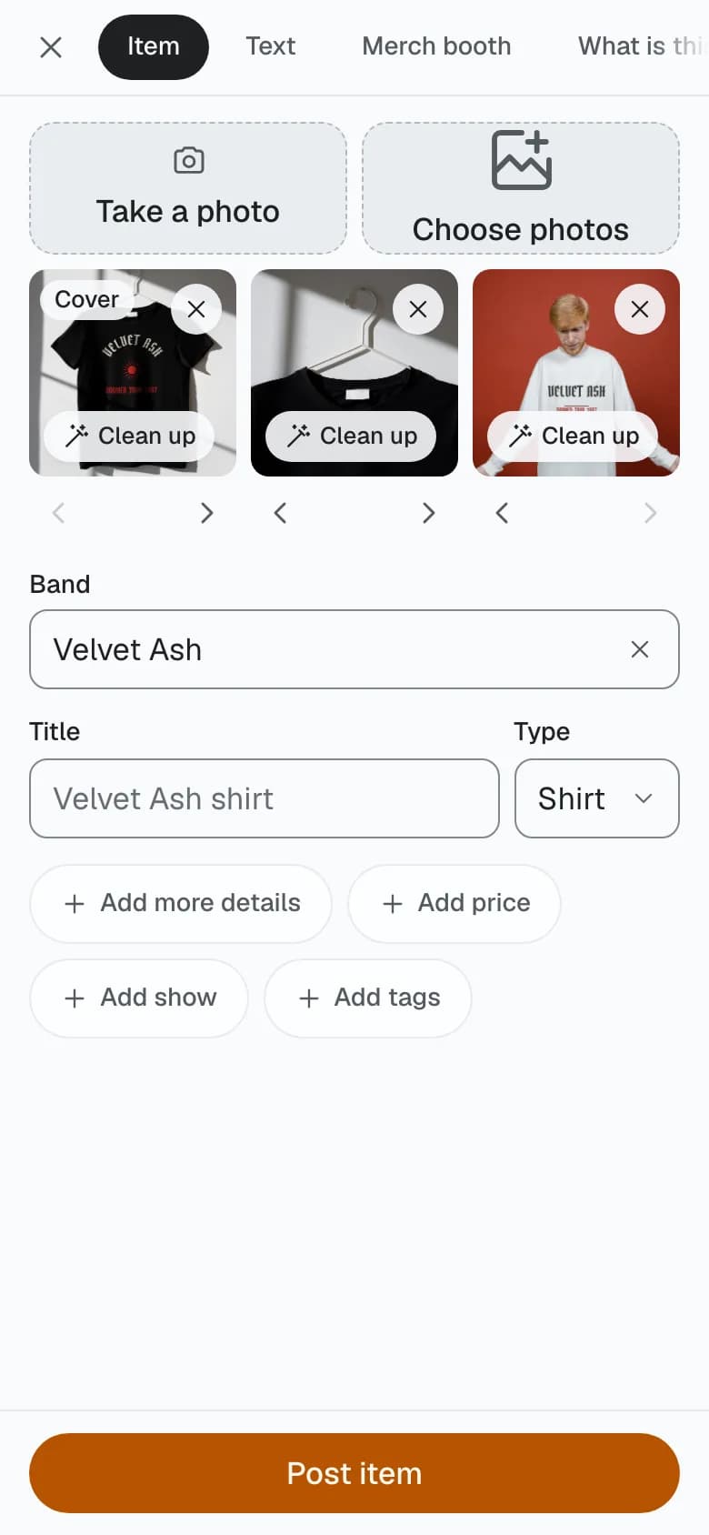 The composer in the app with a photo of a shirt already taken