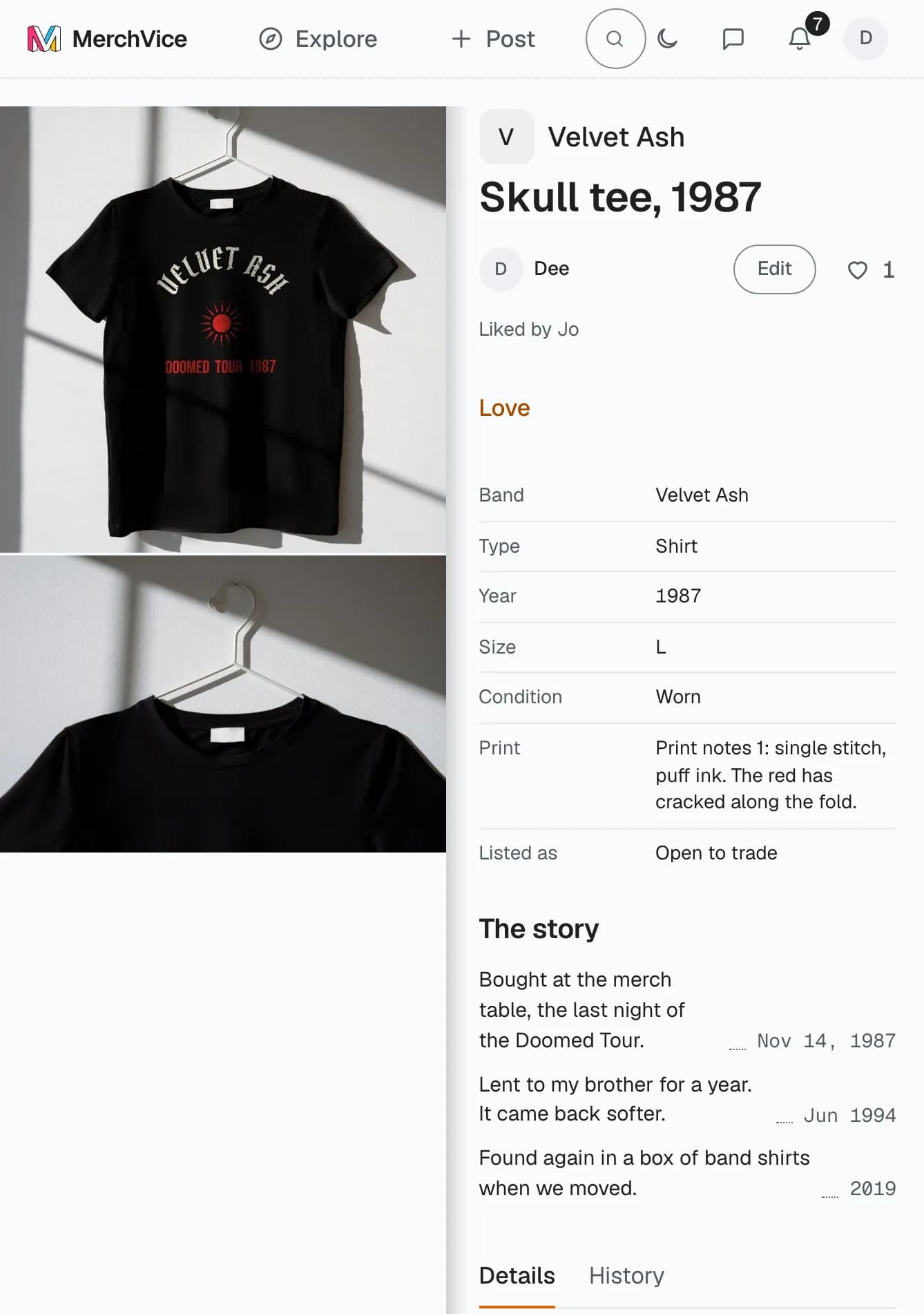 The app on an iPhone Duo: the cover screen, then the phone unfolding to an item open like a record sleeve