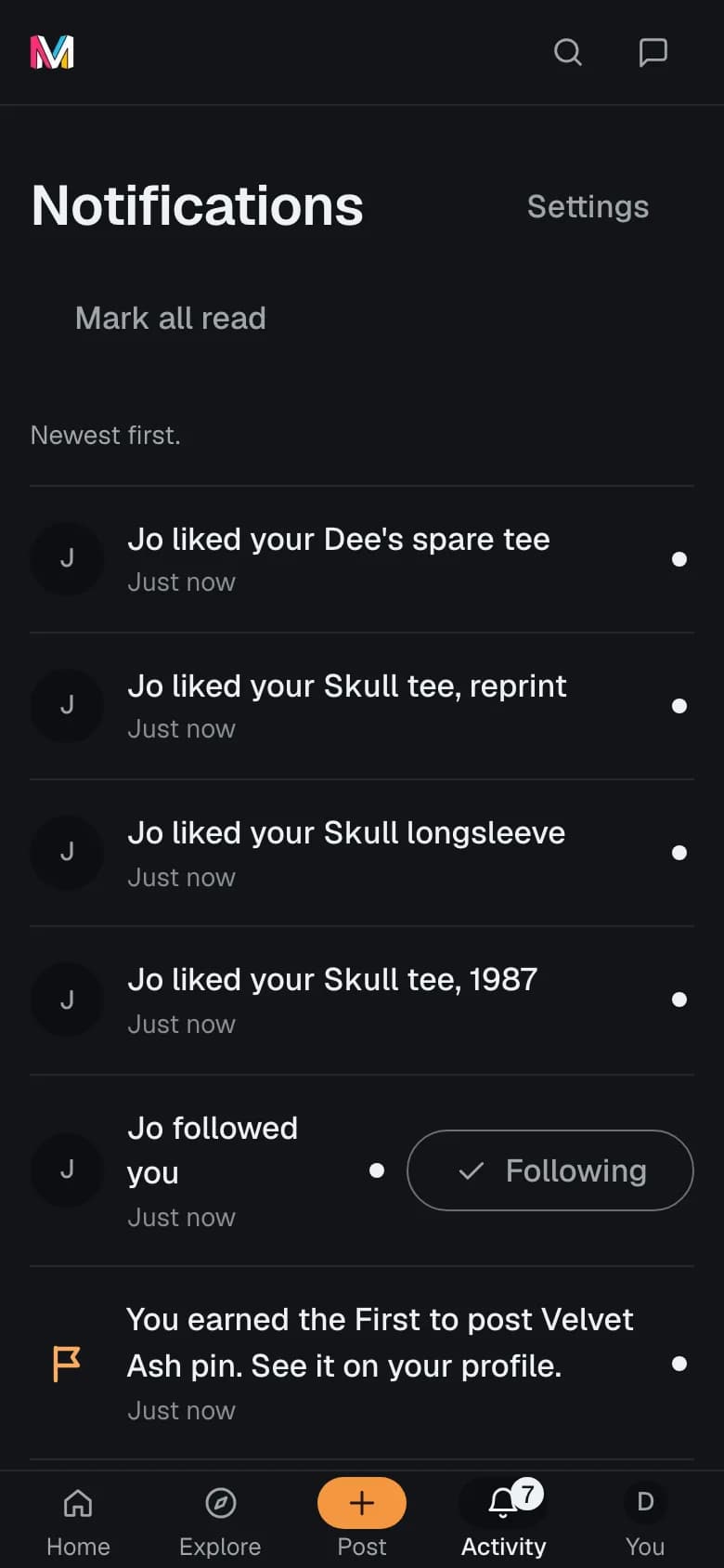Activity in the app: notices from bands and members