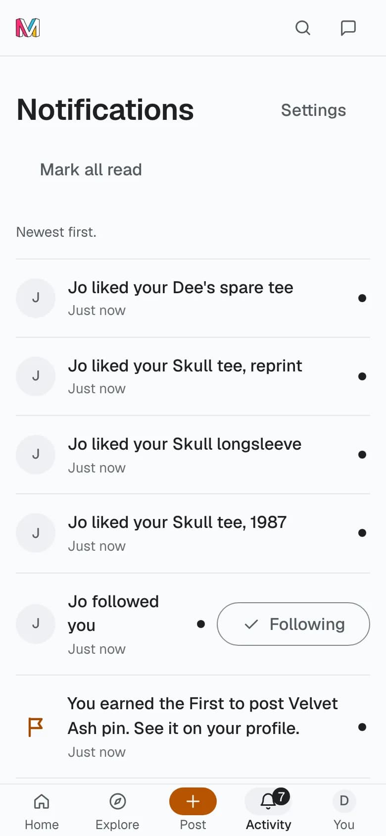 Activity in the app: notices from bands and members