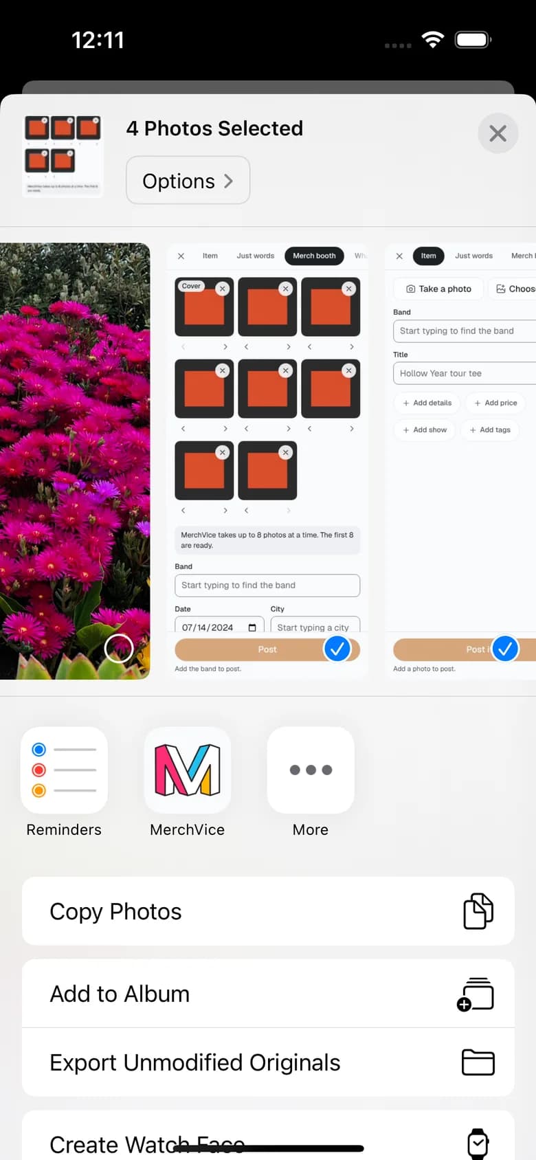 The iPhone share sheet with MerchVice among the apps