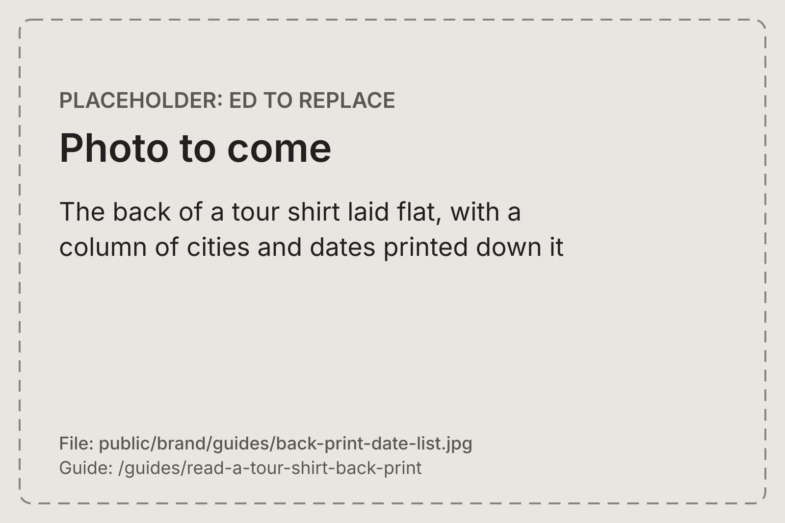 The back of a tour shirt laid flat, with a column of cities and dates printed down it