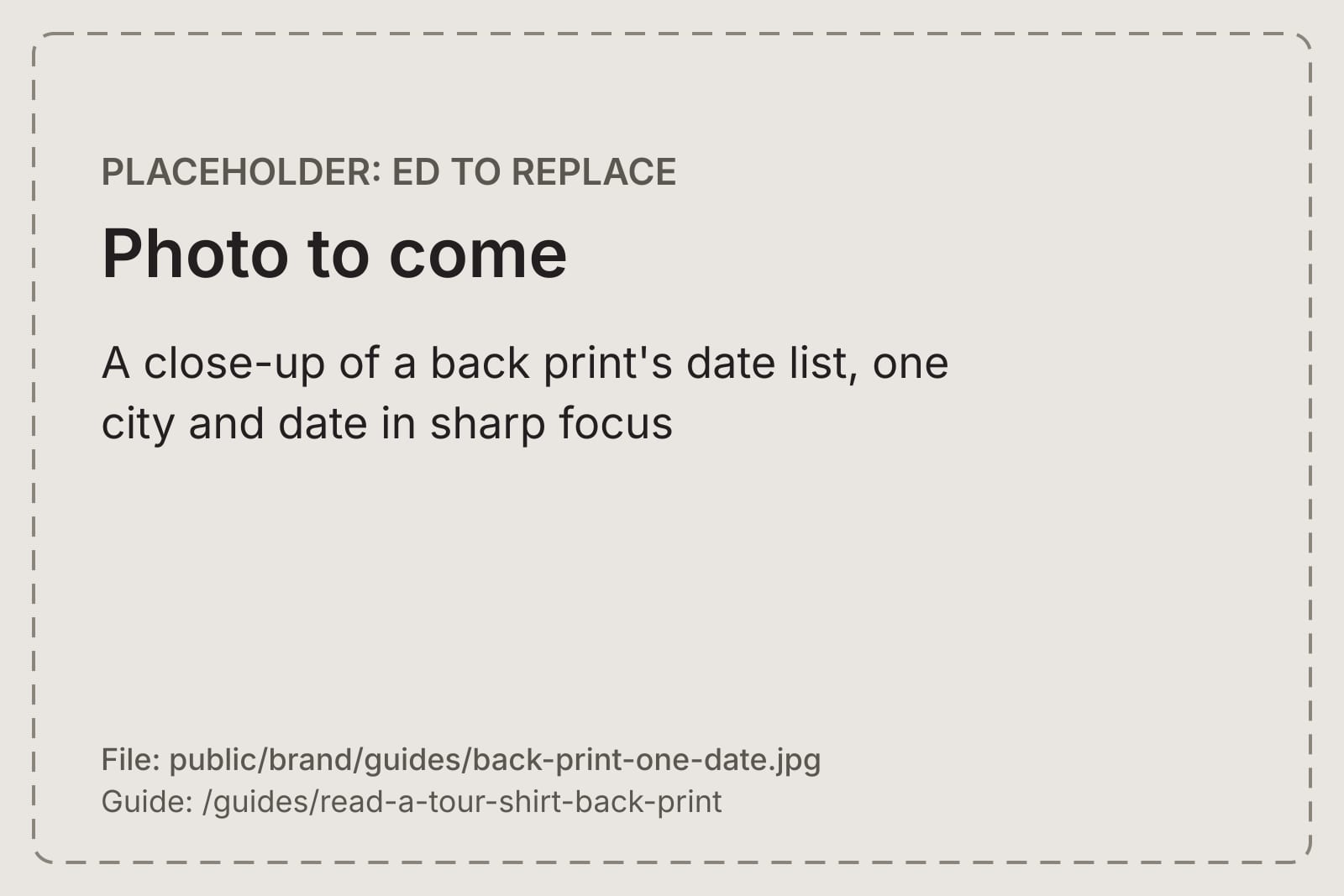 A close-up of a back print's date list, one city and date in sharp focus