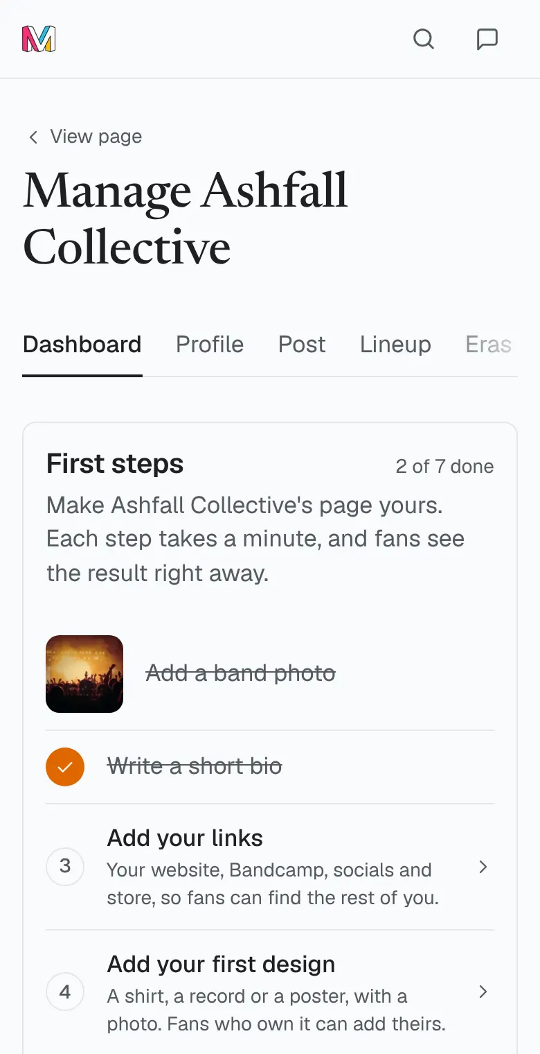 A band's Manage dashboard on a phone: First steps, 2 of 7 done, with Add your links and Add your first design next.