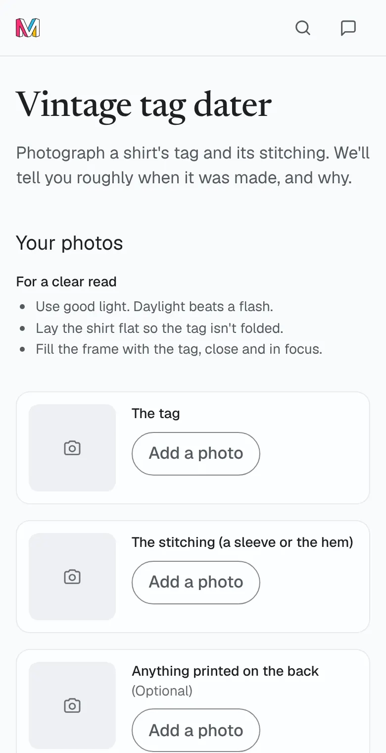 The vintage tag dater on a phone: Your photos, with a place each for the tag, the stitching and anything printed on the back.